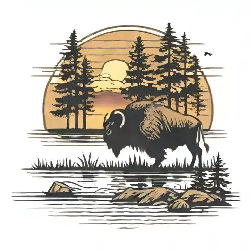 Buffalo Grazing Around Pine Trees Colors Sunset Over Lake