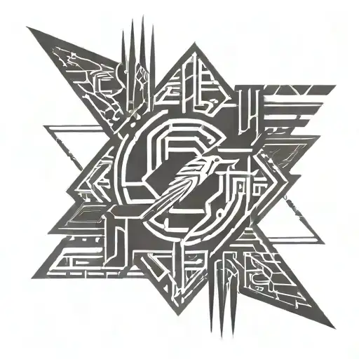 A Geometric Cyberpunk Logo With Raven Symbols And Eight Points Of A Chaos Symbol
