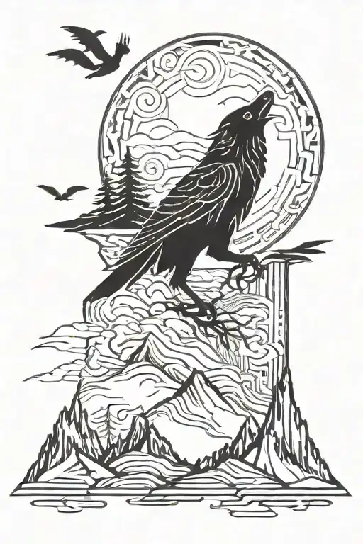 Wolf Raven Mountain Scene