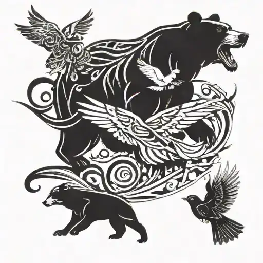 Bear And Two Pigeons Flying