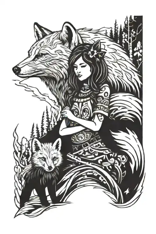 Little Fox Girl With A Bear Cub In A Mountain Forest Near A River