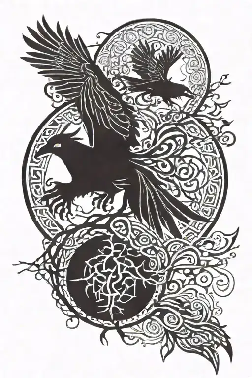 Huginn And Muninn Flying As Yggdrasil Bottomed Grugnir Goes Through Them