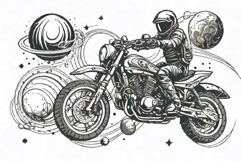 A Motorcycle In Space Flies Past Planets