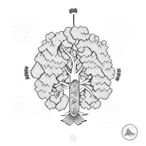 A Traditional Style Tattoo Of A Family Tree With Each Member Represented By A Different Animal