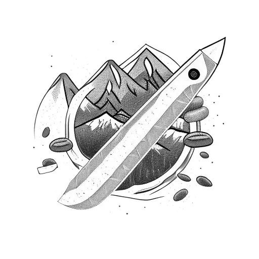 A Survival Knife Surrounded By Coffee Beans And Mountain Peaks