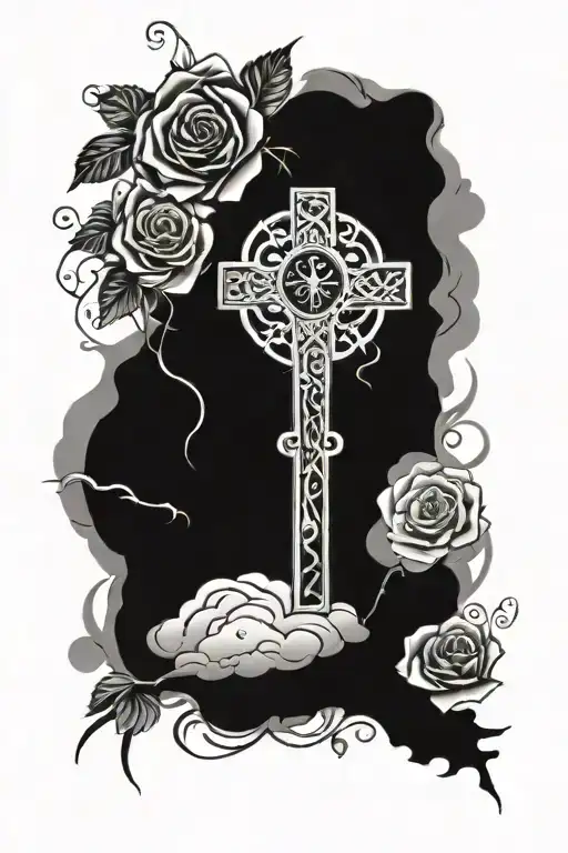 Christian With Cross And Roses And Clouds Surrounding
