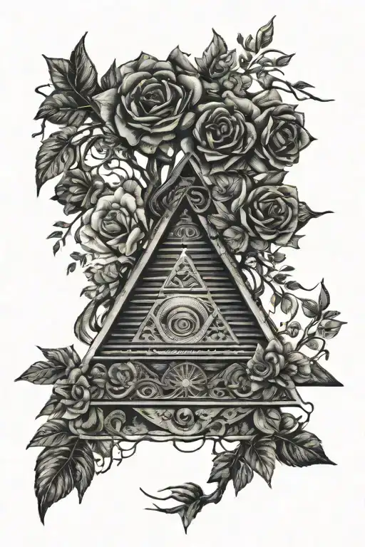 Acient Pyramid Eye With Tree Of Life Tattoo Roses