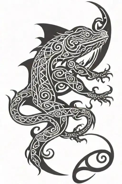 A Lizard In The Style Of A Celtic Pattern With A Human Female Head