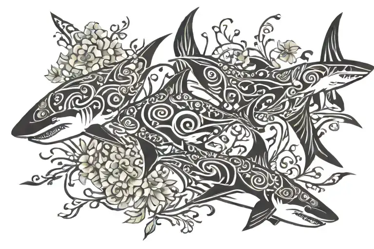 Floral Motive Branches Ending As Sharks