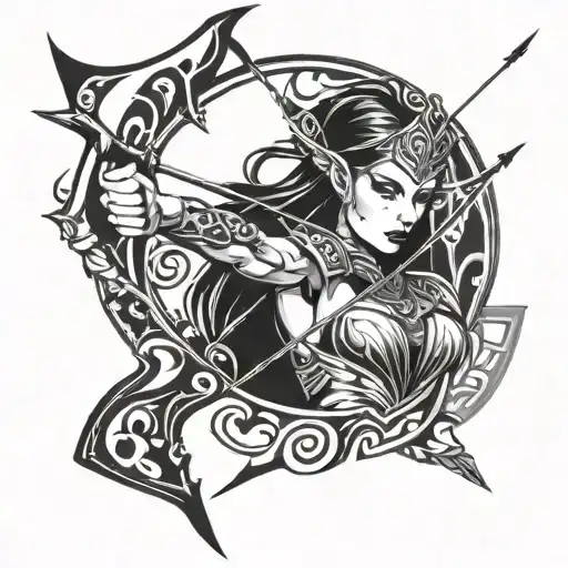 Elven Queen With Bow And Arrow Pointing