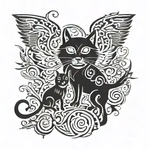Silhouette Of A Dog And A Cat Surrounded By Wings