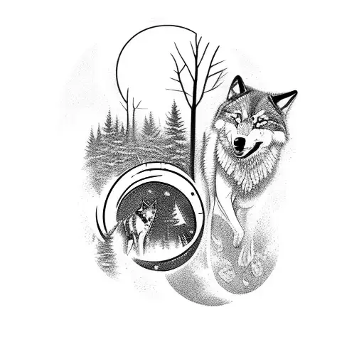 Wolves Running In The Woods With A Man And The Moon Backwards
