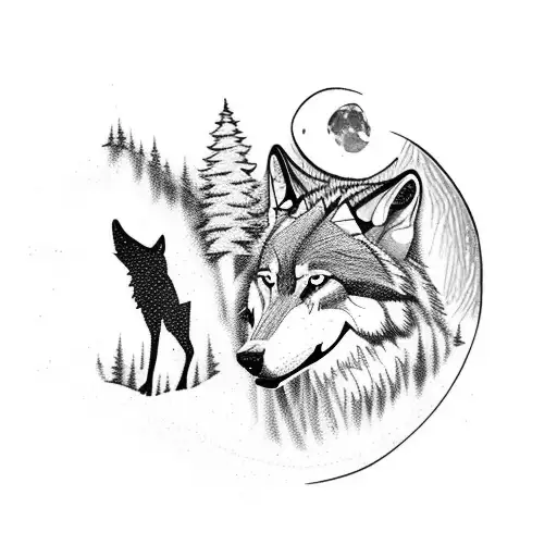 Wolves And A Man Running In The Woods With The Moon Backwards