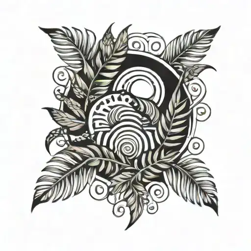 Bold Ferns And Sun Tattoo Design