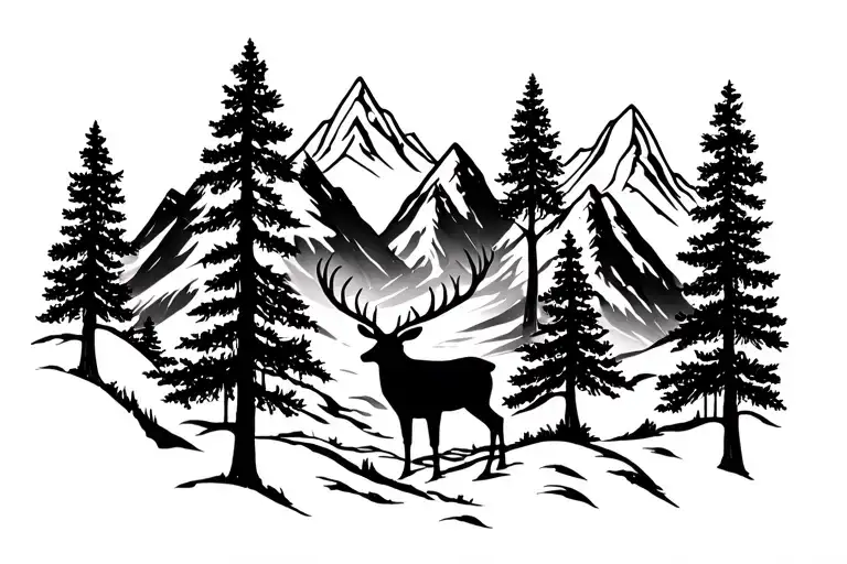 Mountain And Tree Tattoo With Deer At The Front