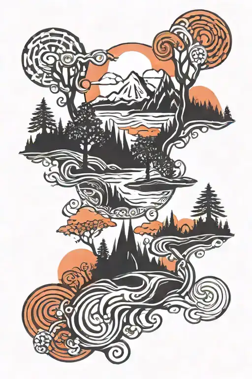 Mountain River Red Wood Trees Colors Sunset