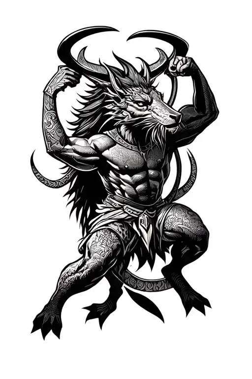 A Dotwork Tattoo Of A Mythical Creature Resembling A Sagittarius Warrior Training In A Gym Setting