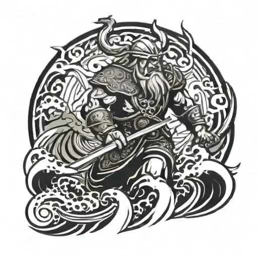 A Fierce Viking Warrior Amidst A Raging Sea Battle
