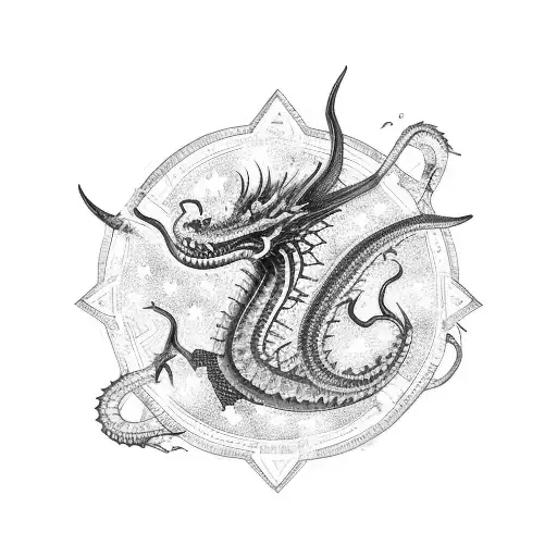 A Dark Blue Serpentine Dragon Wrapped Around A Nautical Star Map Surrounded By A Galactic Starry Sky