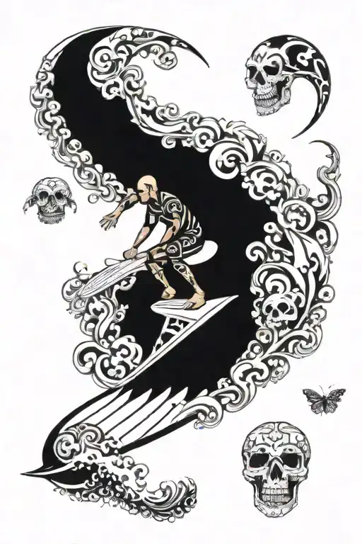 Giant Wave Surfer Riding Wave With Life And Death Moth With Skulls
