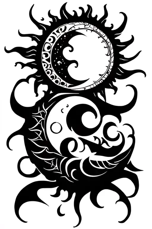 Sun And Moon Sleeve Tattoo Design Combining Elements
