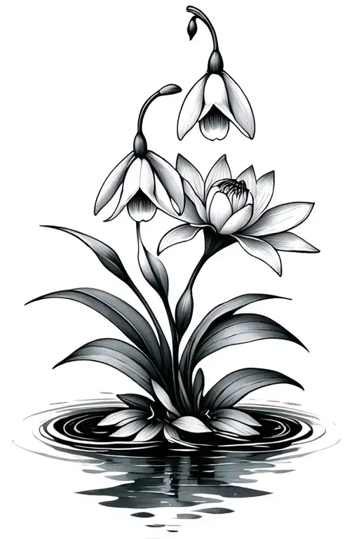 Snowdrop And Water Lily Intertwined Symbolizing The Client's Children With Ornamental Elements