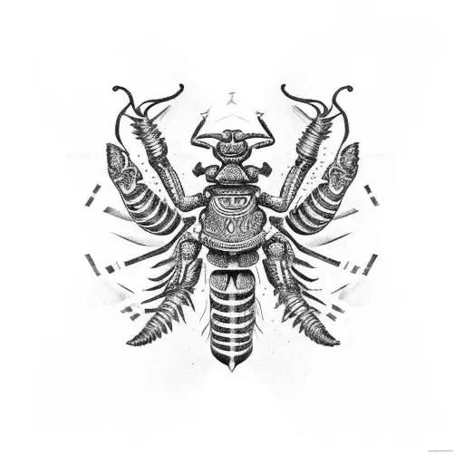 A Scorpian With The Body Of A Fern That Incorperates The Gemini Symbol And A Scarab