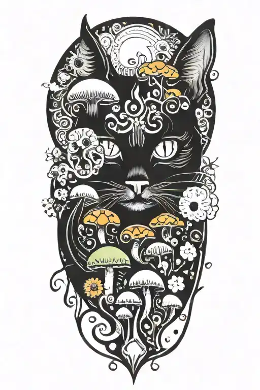 Black Cat With 3 Eye Balls And Trippy Colorful Mushrooms With Moon Melting