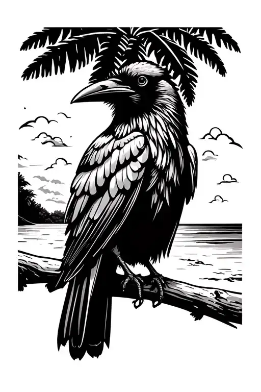Raven Perched With Palm Tree And Beach Scene