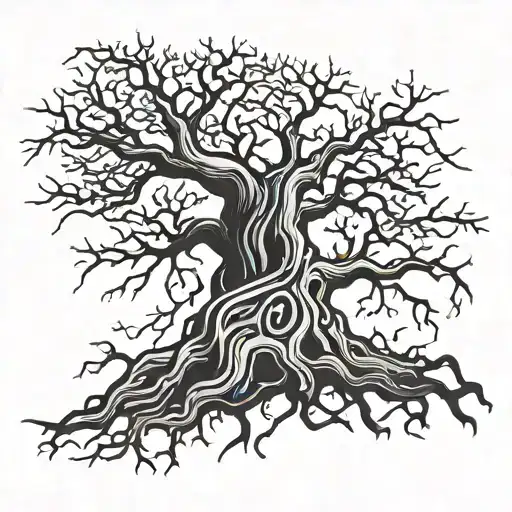 Big Old Tree Roots Exposed And Long Branches With Some Leaves