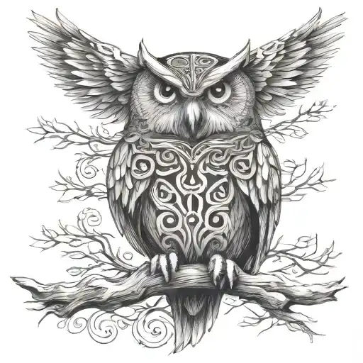 Celtic Owl On Branch With Wings Outstretched Wings