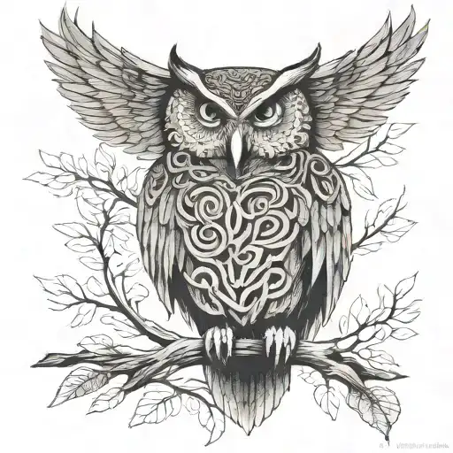 Celtic Owl On Branch With Wings Out