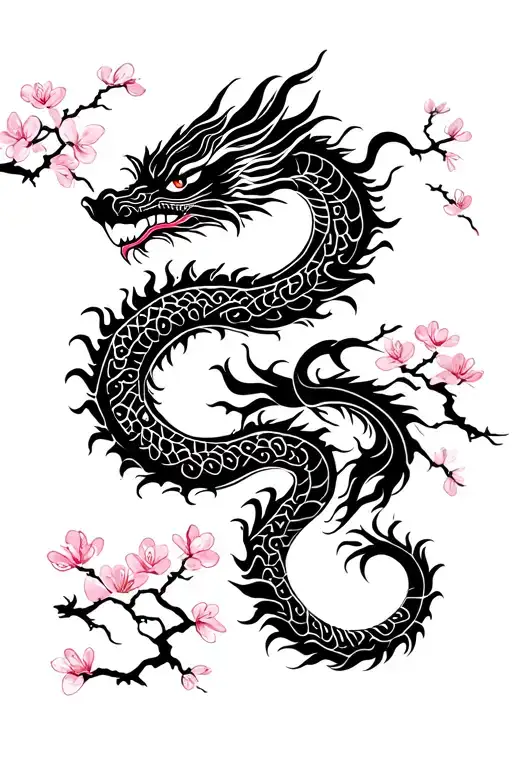 Chinese Dragon With Cherry Blossom Tree
