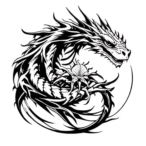 Skeletal Dragon With Spider Lilly Wrapped Round