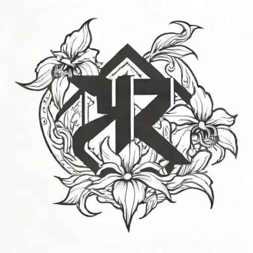 Chinese Druid Symbol With Bearded Iris Flowers