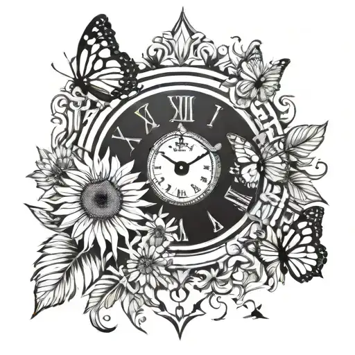 Sunflower & Butterflies & Grand Father Clock Surrounded