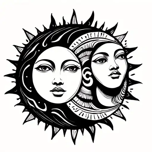 Alternative Vintage Sun And Moon Faces Tattoo Greek Inspired Realistic