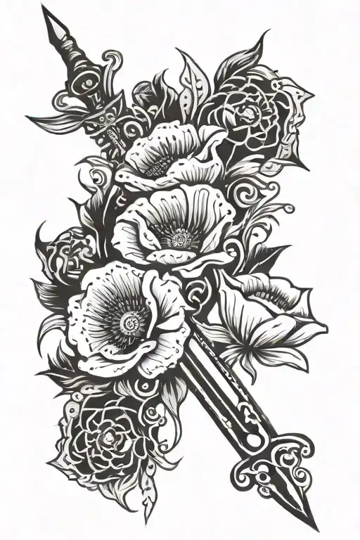 27 Poppy Flowers Wrapped Around Sword