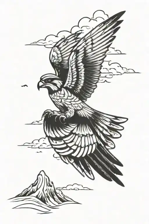 Flying Little Falcon Against The Background Of Snowy Mountains And Clouds