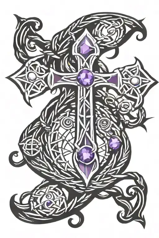 Barbed Wire Ankh With Purple Gems And Crystal Moon At Bottom