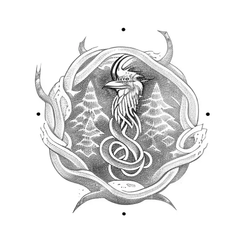 Jormungandr Circle Yggdrasil And A Flying Crow