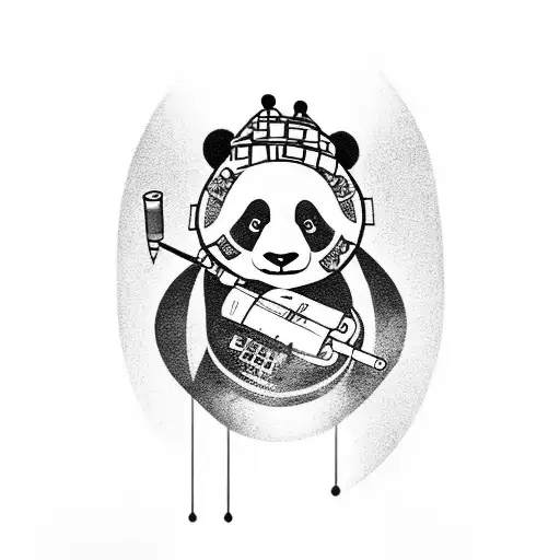 A Black And Grey Tattoo Of A Panda Holding An Electronic Cigarette While Surrounded By Musical Notes