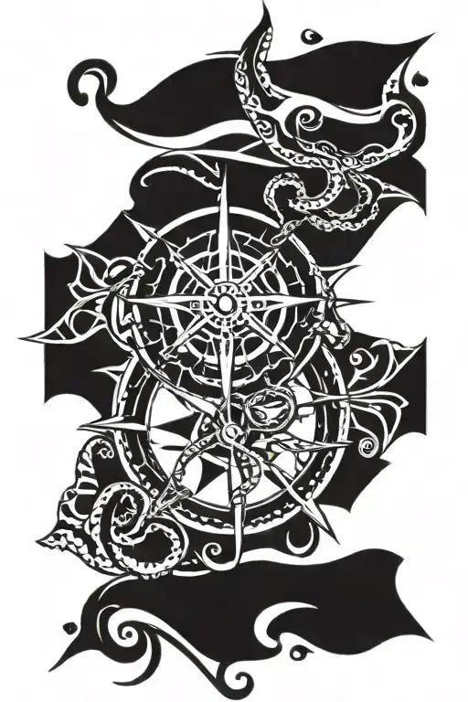 Tribal Nautical Compass Intertwined With Octopus Wrapped