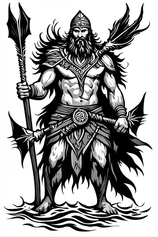 Slavic God A Scraper With Hunting Arrows Standing In The Wind By The Sea