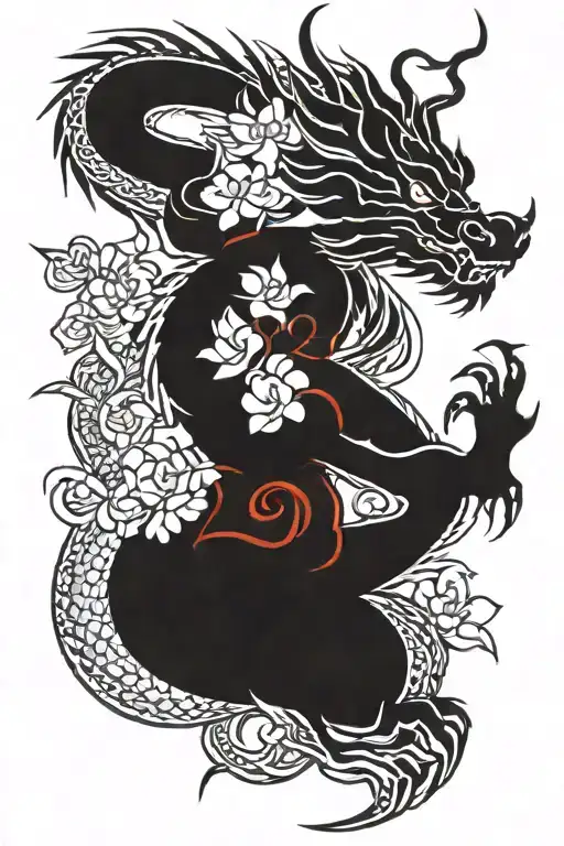 Red Chinese Dragon Tattoo With Jasmine Flowers