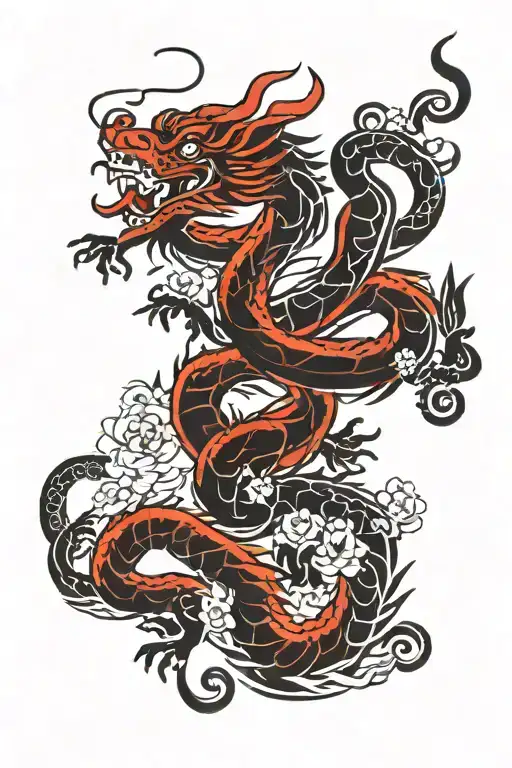 Red Chinese Dragon Tattoo With Jasmin Flower