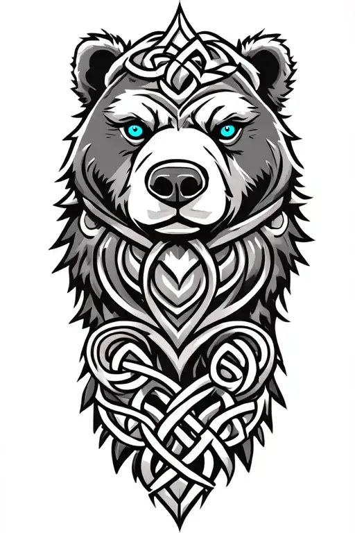 Bear With Blue Eyes On Armor Tattoo Design Featuring Celtic Trinity Knot