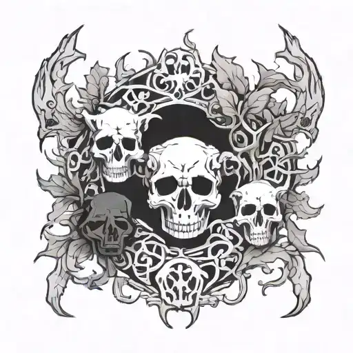 Wreath Made Of Oak Tree With 3 Dog Skulls In The Middle Like Cerberus