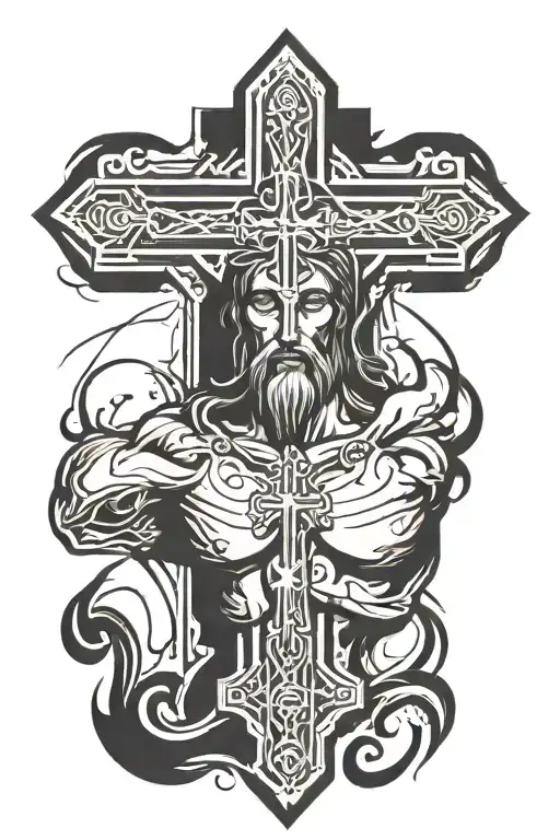 Cross In Foreground Of Christian Theme Sleeve Tattoo And Christ's Face