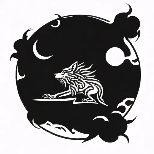 Wolf Howling At Cresent Moon With Scorpion Facing Downward With Sun In Claws